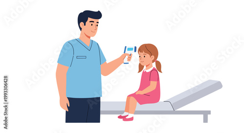 Flat style vector illustration of doctor checking child temperature and heartbeat during medical exam, preventive healthcare and routine pediatric care concept