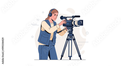 Filmmaker with Camera on Tripod, Professional Video Production, Filming Equipment