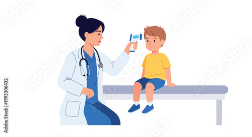 Flat style vector illustration of doctor checking child temperature and heartbeat during medical exam, preventive healthcare and routine pediatric care concept