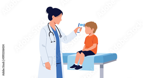 Flat style vector illustration of doctor checking child temperature and heartbeat during medical exam, preventive healthcare and routine pediatric care concept