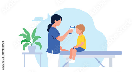 Flat style vector illustration of doctor checking child temperature and heartbeat during medical exam, preventive healthcare and routine pediatric care concept