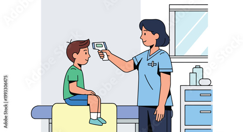 Flat style vector illustration of doctor checking child temperature and heartbeat during medical exam, preventive healthcare and routine pediatric care concept