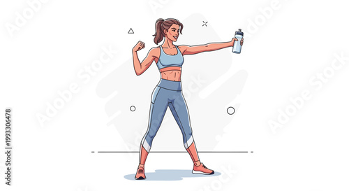 Fit Woman Flexing Bicep Holding Water Bottle, Healthy Lifestyle Illustration