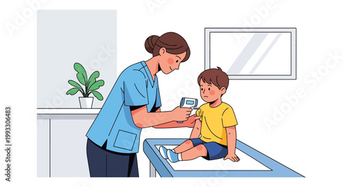 Flat style vector illustration of doctor checking child temperature and heartbeat during medical exam, preventive healthcare and routine pediatric care concept