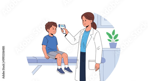 Flat style vector illustration of doctor checking child temperature and heartbeat during medical exam, preventive healthcare and routine pediatric care concept
