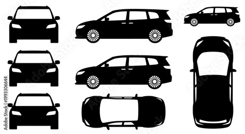 Station Wagon Car Silhouettes: Front, Side, Top Views