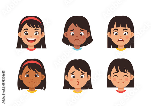 Flat style vector illustration of child showing different emotions like happy, sad, anxious and calm, emotional awareness and kids mental health concept
