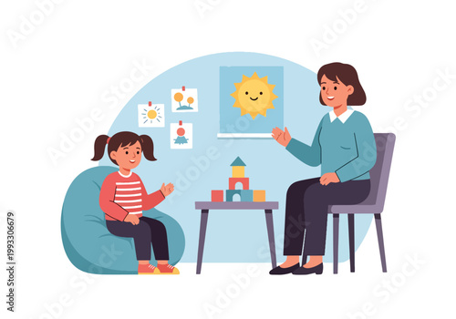 Flat style vector illustration of child talking to therapist in counseling session, mental health support and emotional care for kids in safe environment