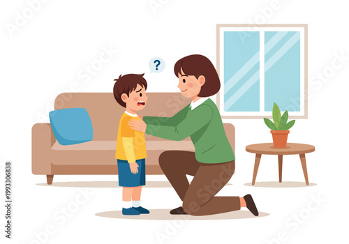 Flat style vector illustration of anxious child being comforted by parent, emotional support and mental health awareness concept in caring family environment