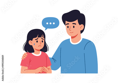 Flat style vector illustration of anxious child being comforted by parent, emotional support and mental health awareness concept in caring family environment
