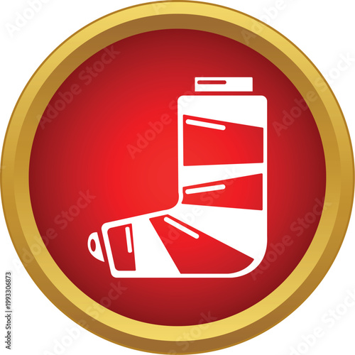 Orthopedic cast on a leg inside a red circle with a gold border