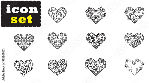 Set of heart icons and heart shaped shields in red and pink vector style for love and Valentine romance design