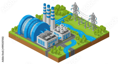 Modern Industrial Power Plant with Cooling Towers and Smokestacks.