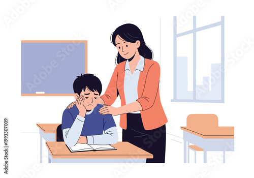 Flat style vector illustration of child feeling overwhelmed with school stress, supported by teacher or parent, mental health awareness in education environment