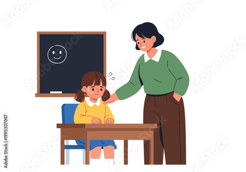 Flat style vector illustration of child feeling overwhelmed with school stress, supported by teacher or parent, mental health awareness in education environment