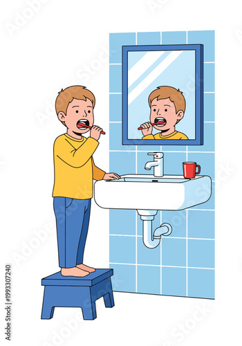 Flat style vector illustration of children brushing teeth in bathroom, promoting dental hygiene and healthy habits for kids in daily routine care concept