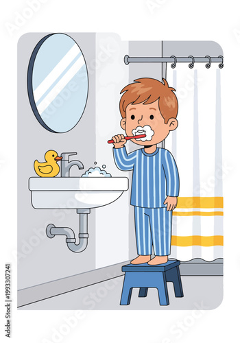 Flat style vector illustration of children brushing teeth in bathroom, promoting dental hygiene and healthy habits for kids in daily routine care concept