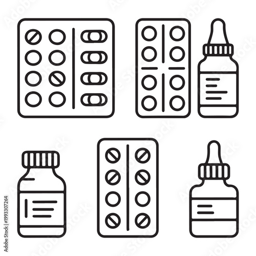 Medical Icons Set Featuring Pill Blister Packs and Medicine Bottles in Minimalist Line Art Style
