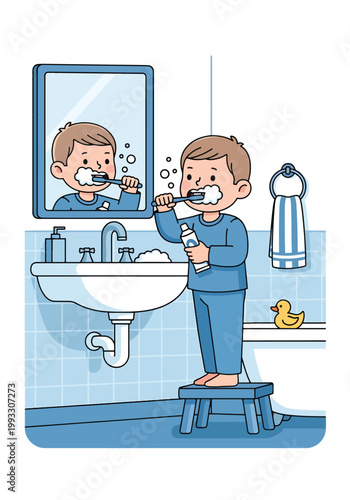 Flat style vector illustration of children brushing teeth in bathroom, promoting dental hygiene and healthy habits for kids in daily routine care concept