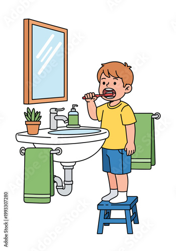 Flat style vector illustration of children brushing teeth in bathroom, promoting dental hygiene and healthy habits for kids in daily routine care concept
