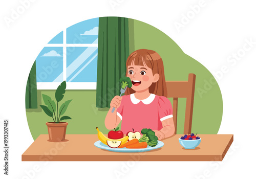 Flat style vector illustration of child eating healthy food with fruits and vegetables, nutrition education and balanced diet concept for kids health and wellness