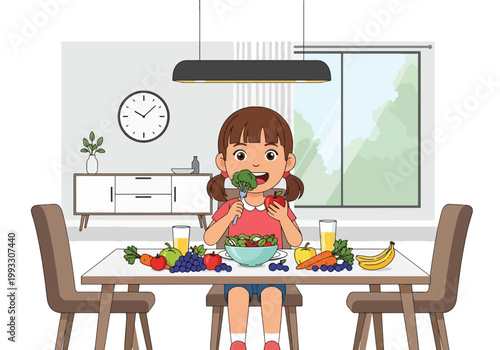 Flat style vector illustration of child eating healthy food with fruits and vegetables, nutrition education and balanced diet concept for kids health and wellness