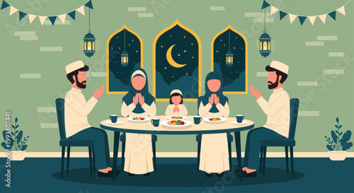 Muslim family praying together before Iftar meal during Ramadan.
