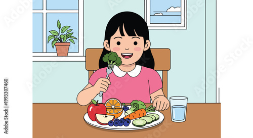 Flat style vector illustration of child eating healthy food with fruits and vegetables, nutrition education and balanced diet concept for kids health and wellness