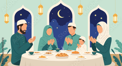 Muslim family praying together before Iftar meal during Ramadan.