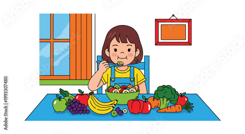 Flat style vector illustration of child eating healthy food with fruits and vegetables, nutrition education and balanced diet concept for kids health and wellness