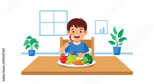 Flat style vector illustration of child eating healthy food with fruits and vegetables, nutrition education and balanced diet concept for kids health and wellness