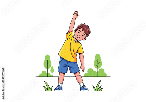Flat style vector illustration of children doing exercise and stretching, promoting physical activity and healthy lifestyle habits for kids healthcare concept