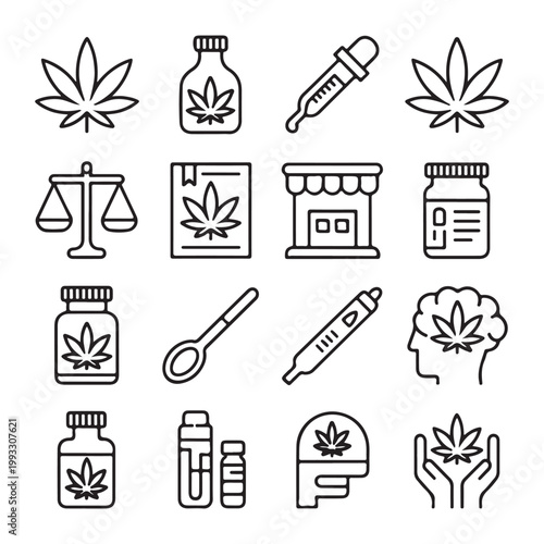 Medical Cannabis and Marijuana Icon Set in Thin Line Style