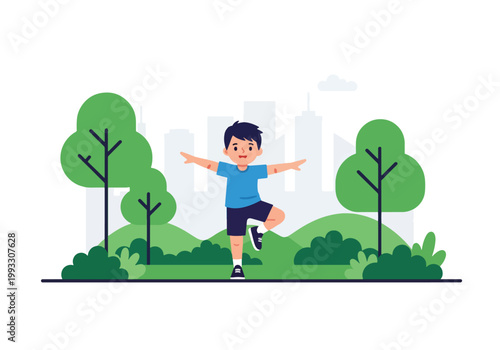 Flat style vector illustration of children doing exercise and stretching, promoting physical activity and healthy lifestyle habits for kids healthcare concept
