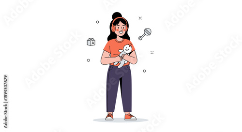 Happy Woman with Headphones Holding a Stuffed Animal, surrounded by Baby Toys