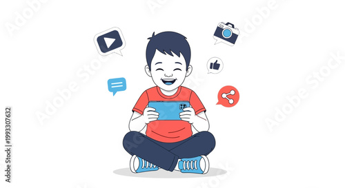 Happy child playing games on smartphone surrounded by social media icons