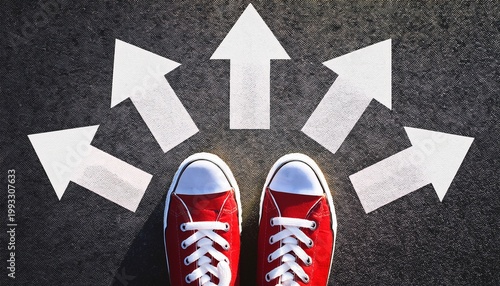 red sneakers on a road with white arrows pointing in multiple directions symbolizing choices