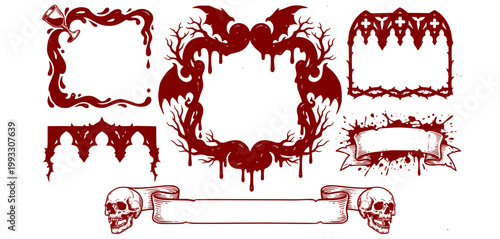 Blood Vintage Gothic Halloween Hand Drawn Border Frame Set Vampire Victorian Horror Decor Blood Drip Medieval Banner Holiday Scary Antique Elegant Splash Frame Vector Illustration