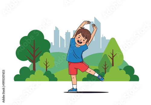 Flat style vector illustration of children doing exercise and stretching, promoting physical activity and healthy lifestyle habits for kids healthcare concept