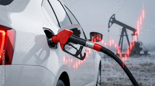 Global economic inflation crisis recession risk fuel pump nozzle refueling car as oil pumpjack and price chart signal market volatility and energy
