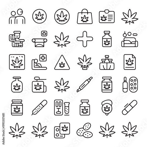 Medical Marijuana and CBD Oil Line Icon Set for Healthcare and Wellness