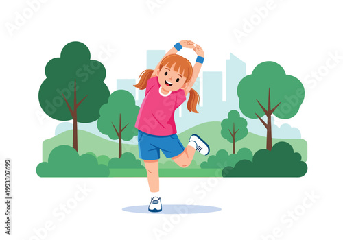 Flat style vector illustration of children doing exercise and stretching, promoting physical activity and healthy lifestyle habits for kids healthcare concept