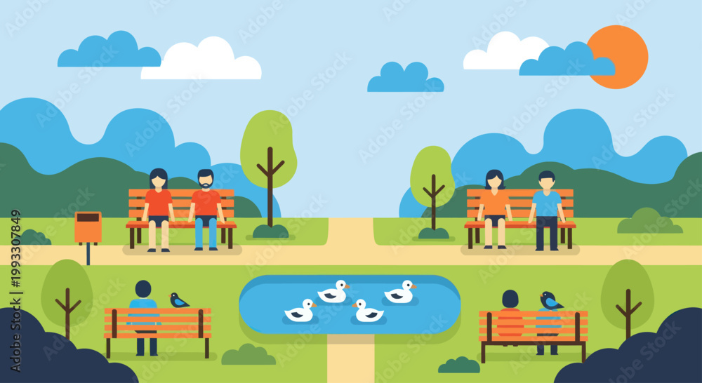 Fototapeta premium People enjoying leisure time in a vibrant park setting with ducks in a pond.