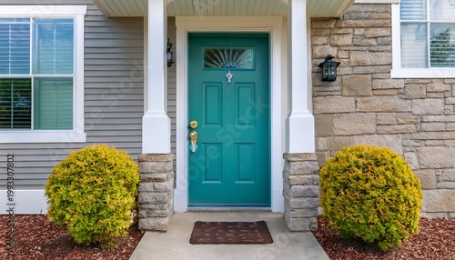 a detail of a front door on home with stone and white brick siding stone sidewalk and a colorful blue green front door