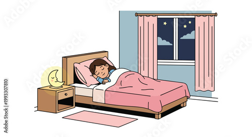 Flat style vector illustration of child sleeping peacefully in bed at night, promoting healthy sleep habits and wellness for kids daily routine care concept