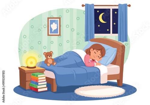 Flat style vector illustration of child sleeping peacefully in bed at night, promoting healthy sleep habits and wellness for kids daily routine care concept