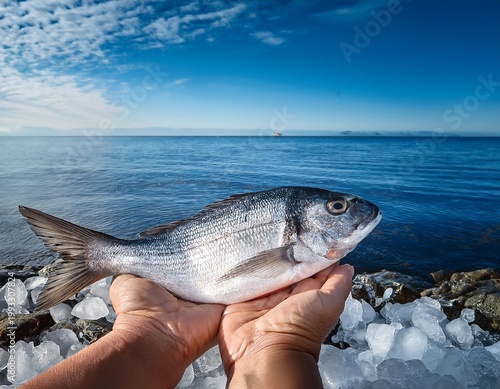 this vibrant image shows a fresh fish resting on crushed ice held by hands capturing the connection to seafood sourcing and fresh culinary delights by the sea