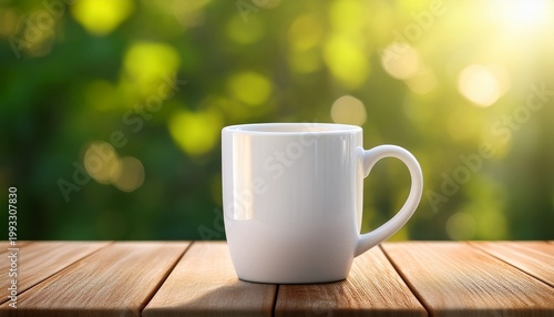 a white coffee mug on a wooden table outdoors with a blurred green sunlit background