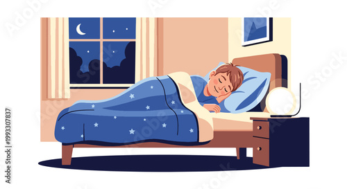 Flat style vector illustration of child sleeping peacefully in bed at night, promoting healthy sleep habits and wellness for kids daily routine care concept
