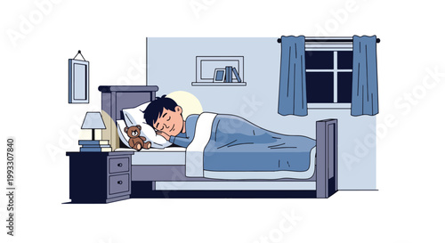 Flat style vector illustration of child sleeping peacefully in bed at night, promoting healthy sleep habits and wellness for kids daily routine care concept